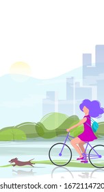 Vector illustration of a girl with a dog riding a bike in a city Park.Vertical banner.