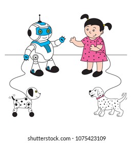 Vector illustration girl with dog and robot with robot dog met on walk,linear silhouette on a white background