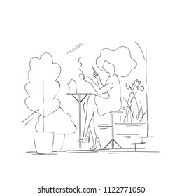 vector illustration of a girl with a dog in a street cafe, a young woman drinking coffee and talking on a mobile phone,linear design