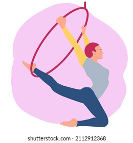 Vector illustration of a girl doing aerial hoop pose. Hanging hoop gymnastics pose adjustable.