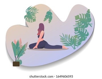 Ilustración vectorial con una chica haciendo ejercicios. Mujer joven parada en posición de yoga. Forma abstracta sobre el fondo. emblema de yoga para el diseño de carteles, pancartas, volantes o tarjetas. Calentamiento, estiramiento.
