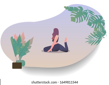 Vector illustration with a girl doing exercises. Young woman standing in yoga position. Abstract shape on background. Yoga emblem for poster, banner, flyer or card design. Warming up, stretching.