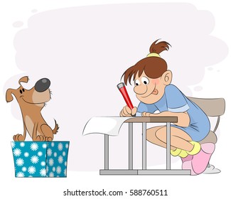 Vector illustration of a girl doing lessons