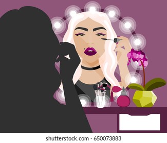 Vector illustration with girl doing makeup tutorial at vanity table, mirror and cosmetics product in flat style