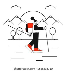 Vector illustration of a girl doing Nordic walking in the mountains. Concept of walking with sticks for a healthy lifestyle and travel.flat style.for websites, banners, applications, design t-shirts