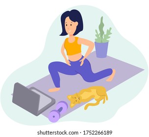 vector illustration of a girl doing physical exercises on an online workout