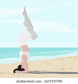 Vector Ilustración de una chica haciendo yoga en la playa con una mano de tabla