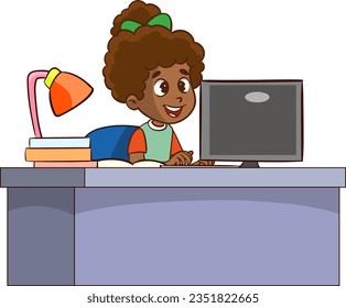 Vector illustration of girl doing research on computer at desk