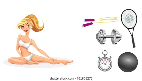 Vector illustration of girl doing stretching and sports equipment