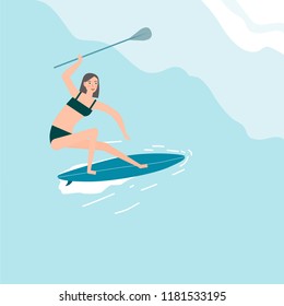 Vector illustration of girl doing SUP boarding. Paddle Boarding on the Waves.