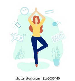 Vector illustration. Girl doing yoga and get calm in office. Relax, meditation, good time management concept. Flat style design