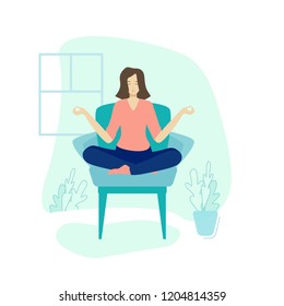 Vector illustration. Girl doing yoga and get calm sitting in a chair. Relax, meditation concept. Flat style design