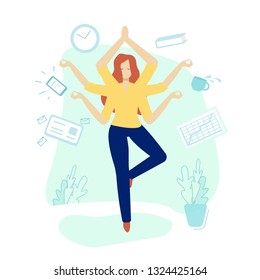 Vector illustration. Girl doing yoga and get calm in office. Relax, meditation, good time management concept. Flat style design