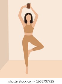 Vector Illustration, Girl Doing Yoga, Woman With A Cup Of Tea, Coffe