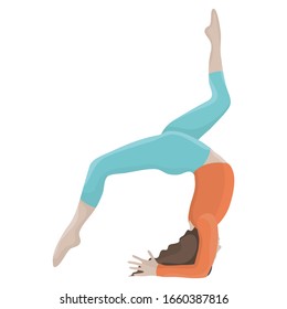 Vector illustration with girl doing yoga. Inverted asana,