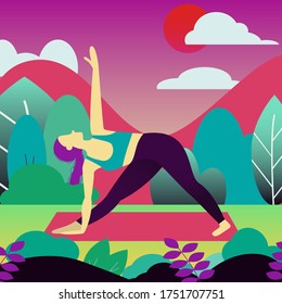 Vector illustration - girl doing yoga. Park, forest, trees and hills on background. Banner, site, poster template. Flat design. EPS 10