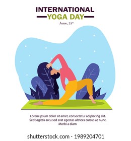 Vector illustration of a girl doing yoga with and decorative blue  background with a leaf. Concept of International Yoga Day. A vector in flat illustration and cartoon style with yoga themes.