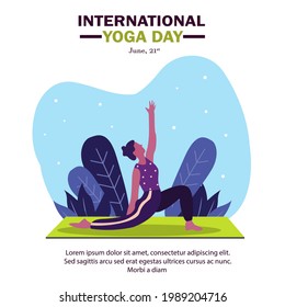 Vector illustration of a girl doing yoga with and decorative blue  background with a leaf. Concept of International Yoga Day. A vector in flat illustration and cartoon style with yoga themes.