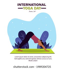 Vector illustration of a girl doing yoga with and decorative blue  background with a leaf. Concept of International Yoga Day. A vector in flat illustration and cartoon style with yoga themes.