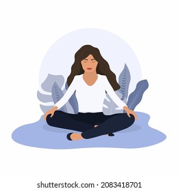 Vector illustration of a girl doing yoga with and decorative blue background with a leaf. A vector in flat illustration and cartoon style with yoga themes.