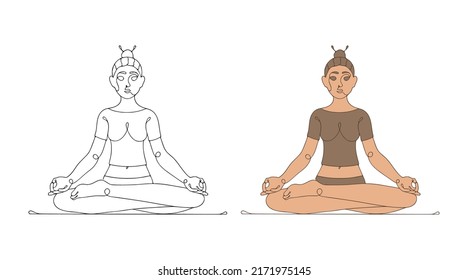 Vector illustration of a girl doing yoga and sitting in the lotus position. A beautiful woman is meditating.