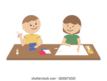 Vector illustration of girl drawing with crayons and boy cutting paper with scissors