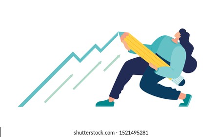 Vector illustration, girl draws a graph up, promotion motivation, way to achieve the goal