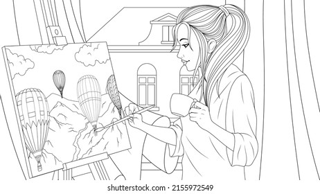 Vector illustration, girl draws a picture, coloring book