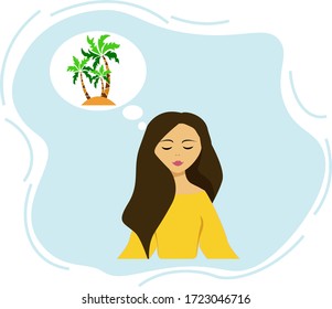 Vector illustration of a girl is dreaming about vacation
