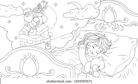 Vector illustration, a girl dreams of Santa Claus, who climbs into the chimney with gifts