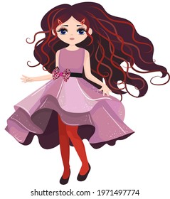 vector illustration of a girl in a dress. the girl dances and spins. a beautiful doll, with long hair and beautiful clothes. drawing of a doll for children's design.