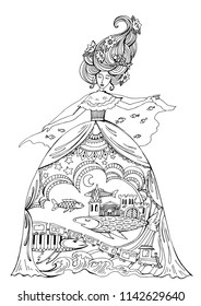 vector illustration with girl in dress, dress with fish and starry sky