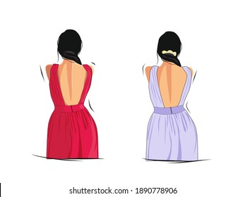 Vector illustration of a girl in a dress standing with her back
