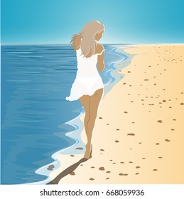 Vector illustration of girl in dress walking barefoot on the beach