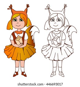 vector illustration of a girl dressed as a squirrel with nuts coloring pages for kids