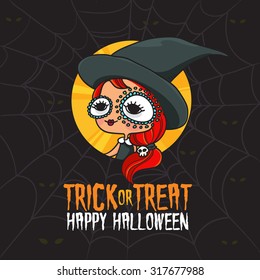 Vector Illustration of Girl Dressed Up Witch Costume on Halloween.