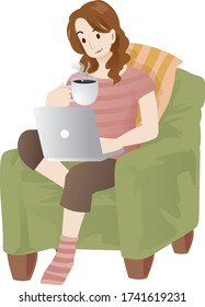Vector Illustration Girl Drink Coffee While Working On Chair 