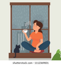 vector illustration of a girl drink tea/coffee near a window while rain outside. A girl drink/enjoy tea with her cat. girl sitting on a window drink tea/coffee 