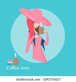 Vector illustration of a girl drinking coffee.