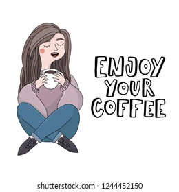Vector illustration with girl drinking coffee holding mug. Enjoy your coffee.