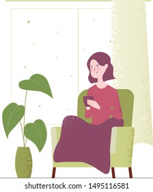 Vector illustration of girl drinking coffee or tea. Design for banner.