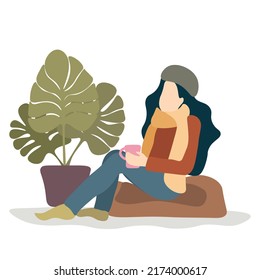 Vector illustration of a girl drinking coffee at home with a houseplant on white background