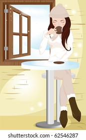 A vector illustration of a girl drinking coffee in a cafe