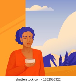 Vector illustration of a girl drinking tea or coffee in a mountain house on the terrace. Autumn and winter holidays, hotels and inns on the Mediterranean sea, cypresses and mountains