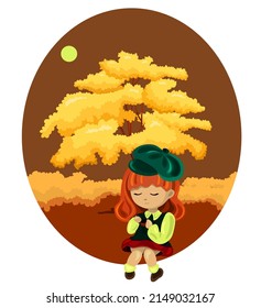 Vector illustration of a girl drinking tea in nature. Autumn colors. Icon for web pages, children's books, postcards, posters, calendars. The image is isolated on a white background.Vector illustratio