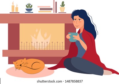 Vector illustration girl drinks coffee and basks by the fireplace