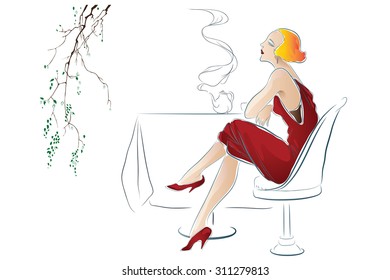 Vector illustration - Girl drinks tea at a cafe table.