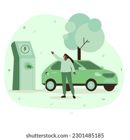 Vector illustration of a girl driving an electric car. Charging electric car. Environment protection. Air without harmful emissions.