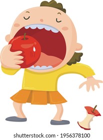 Vector illustration of a girl eating an apple with her mouth wide open