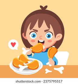 Vector illustration of a girl eating chicken wings in a cute cartoon style.